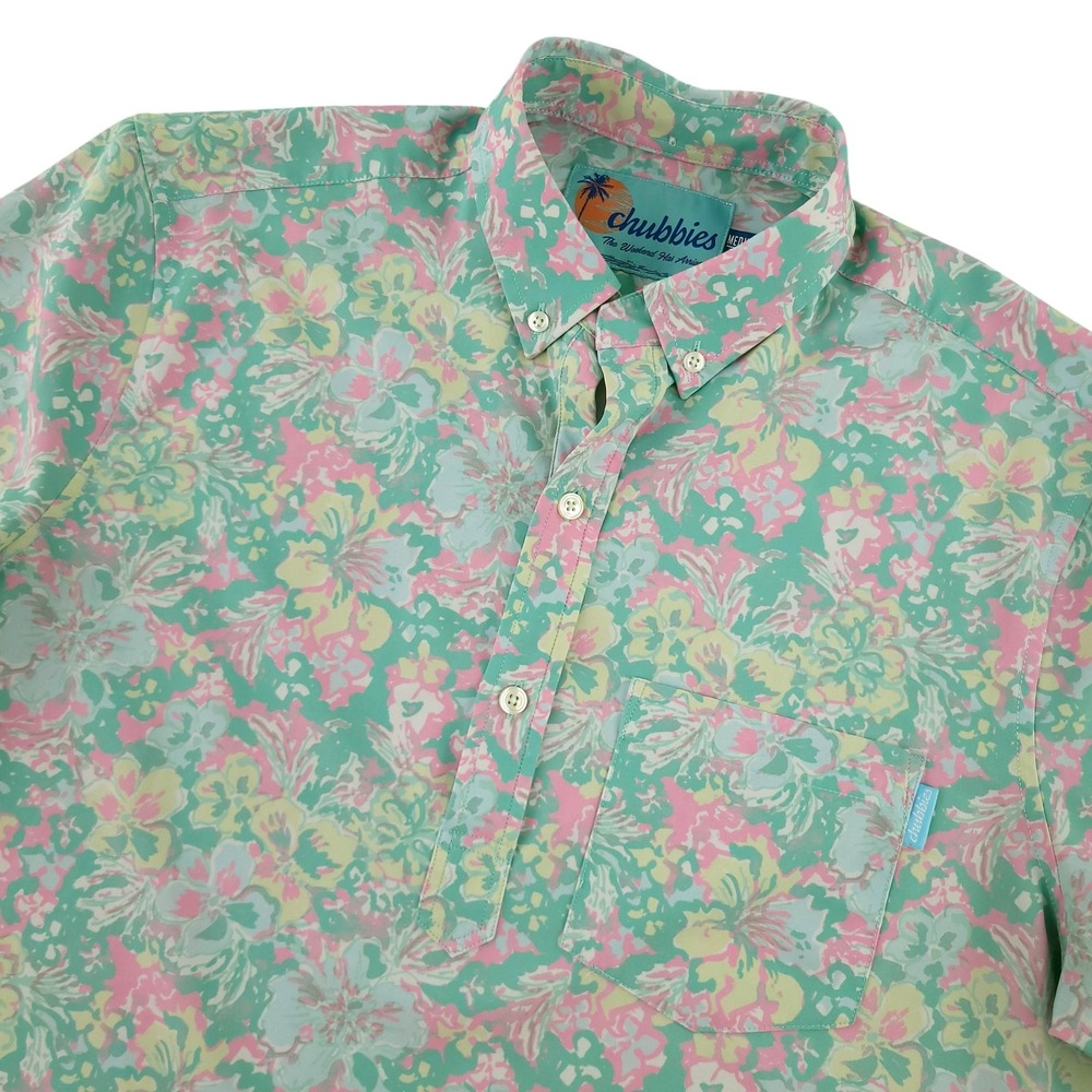 Chubbies Popover Shirt Men M Blue Floral Short Sleeve Button Up Stretch Hawaiian
